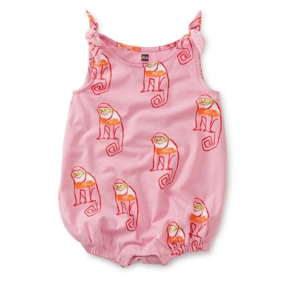 Tea Collection Pink Monkey Pattern Bubble Romper Baby Girls